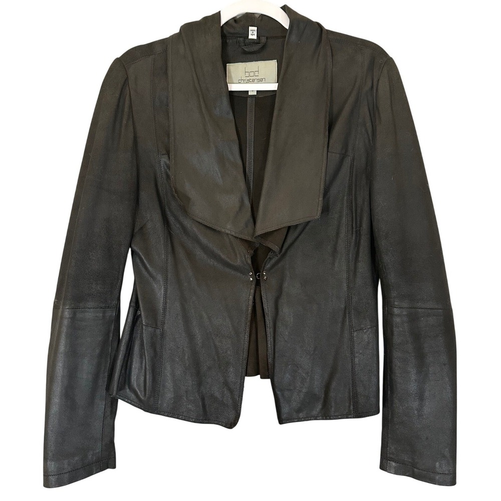 BOD CHRISTENSEN Black Leather Waterfall Drape‎ Collar Jacket Sz 6  Peplum Moto